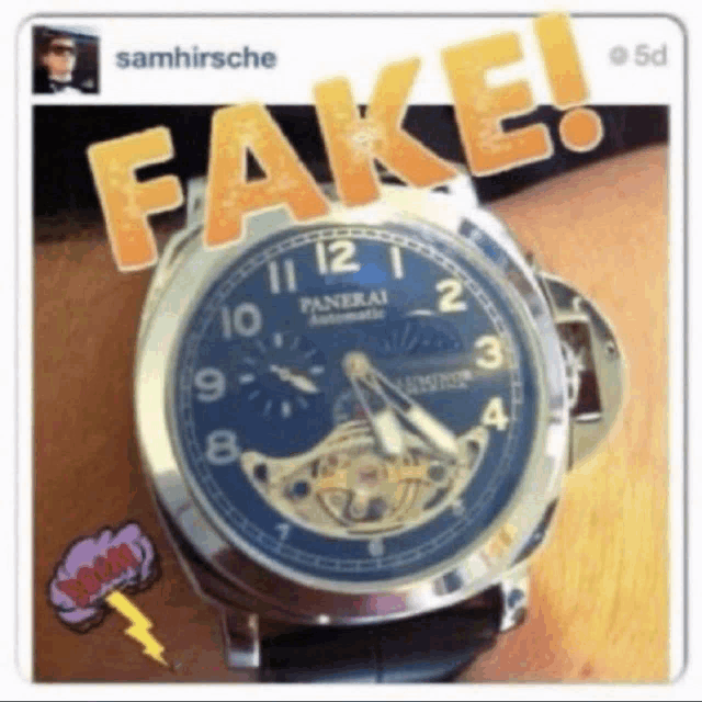 a picture of a panerai watch with fake written over it