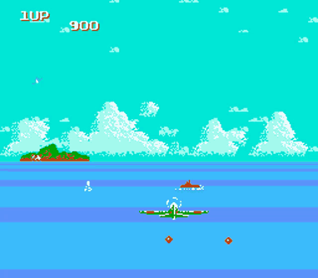 a video game screen shows a plane flying over a body of water with a score of 900