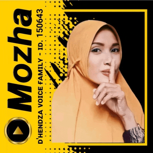 a woman wearing a hijab holds her finger to her lips in front of a mozha logo