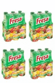 a pack of four bottles of fresa juice with fruit on them .