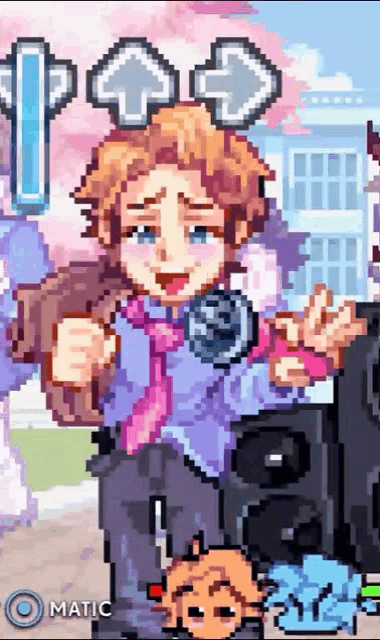 a pixel art of a boy holding a microphone with the word matic in the bottom right corner