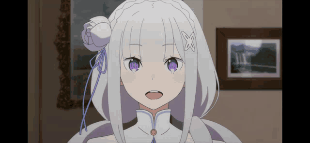 a girl with white hair and purple eyes has an x on her head