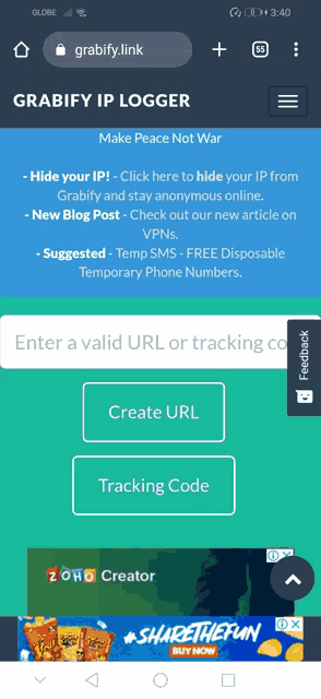 a screenshot of grabify ip logger on a cell phone