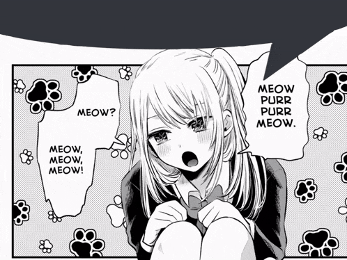 a black and white image of a girl with a speech bubble that says meow purr purr meow