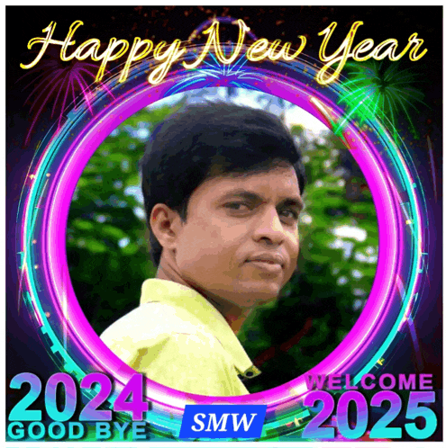 a picture of a man with the words happy new year 2024 welcome 2025 and good bye smw