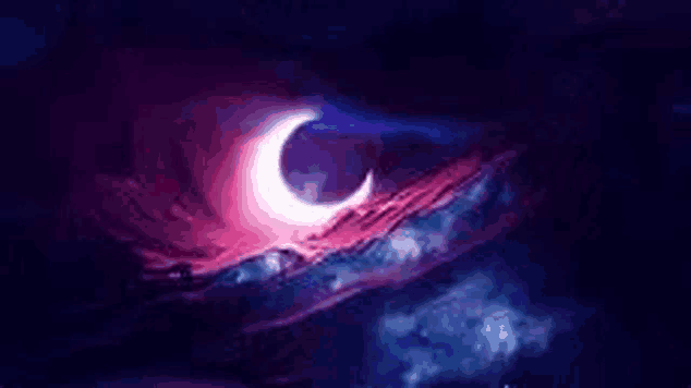 a purple and pink crescent moon in the night sky .