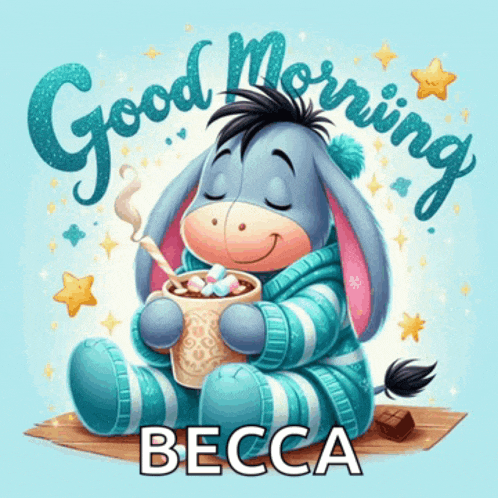 eeyore holding a cup of hot chocolate with the name becca