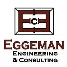 the logo for eggman engineering and consulting is a brown and white logo with a red e in a box .