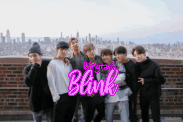 a group of young men are posing for a picture with the words bangtan 's blink in pink letters