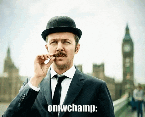 a man in a suit and bowler hat with the word omwchamp written on the bottom