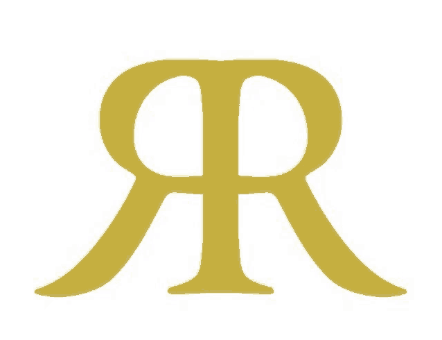 a gold letter r is against a white background