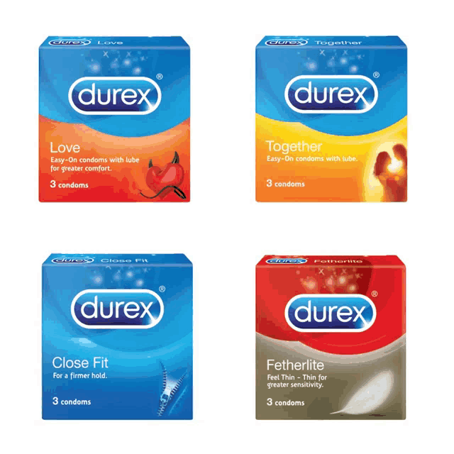 four boxes of durex condoms are lined up in a row