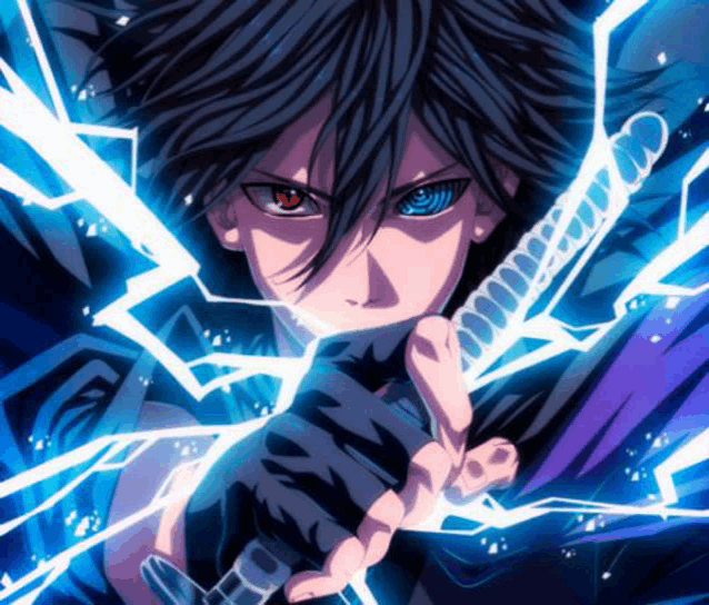 sasuke uchiha from naruto is holding a sword with a lightning bolt in the background .