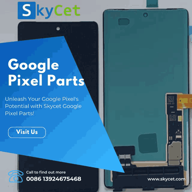 an advertisement for skycet google pixel parts shows a phone being disassembled