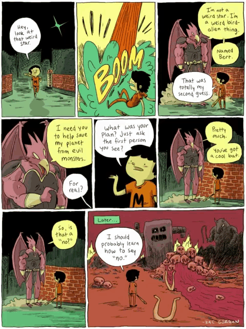 a comic book shows a boy talking to a monster and the word boom is visible