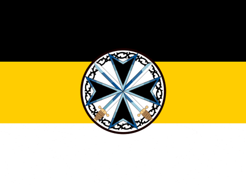 a black yellow and white flag with a cross and swords in the center