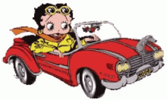 betty boop is driving a red car with a license plate that says ' a ' on it