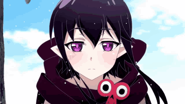 a girl with purple eyes is wearing a scarf around her neck and holding a pair of scissors