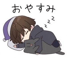 a cartoon of a boy sleeping with a cat in his arms .