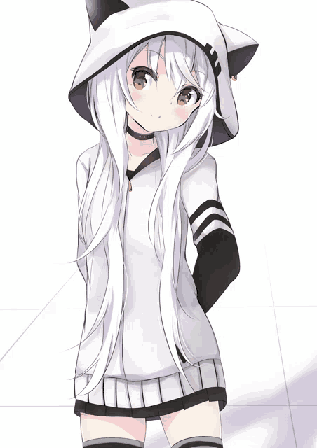 a girl with long white hair wearing a cat hooded jacket