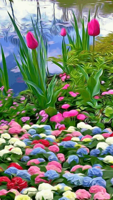 a painting of colorful flowers in a garden with a pond in the background