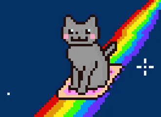 a pixel art drawing of a cat sitting on a rainbow