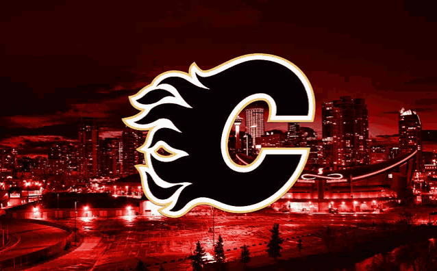 a logo for the calgary flames against a city skyline