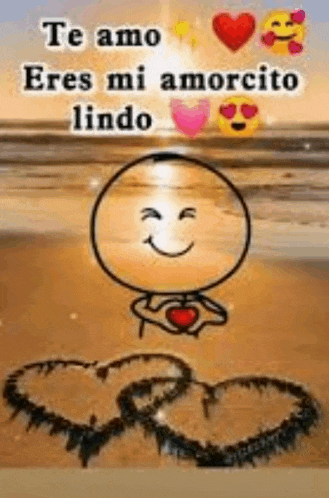 a cartoon of a stick figure holding a heart on a beach with the words `` te amo eres mi amorcito lindo '' .