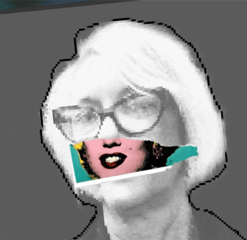 a pixelated image of a woman wearing glasses and a pink lip