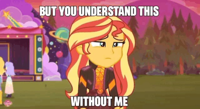 a cartoon of sunset shimmer from my little pony equestria girls with a caption that says but you understand this without me