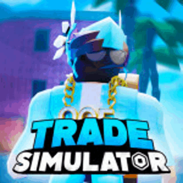 a man in a blue outfit is standing in front of a sign that says trade simulator