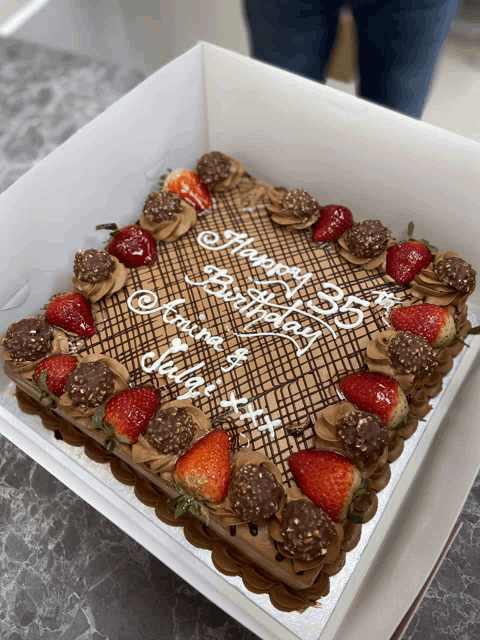 a chocolate cake with strawberries and the words happy 35th birthday from july