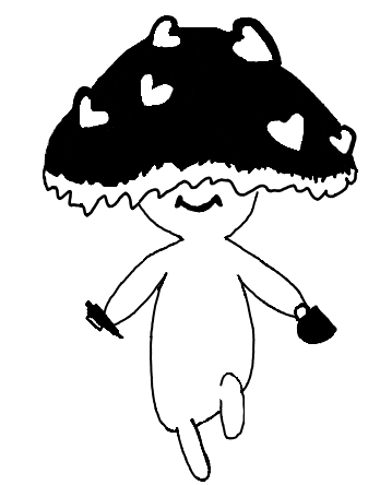 a black and white drawing of a mushroom with hearts on it and a knife .