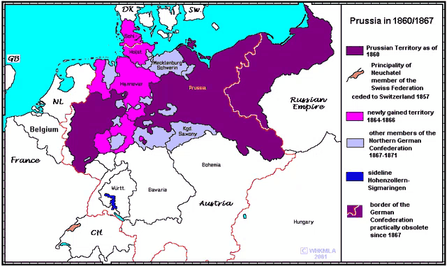 a map of prussia in 1860 / 1867 shows the border of the german confederation