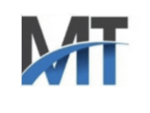 a black and blue logo for mit with a blue arrow