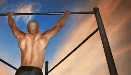 a man is doing pull ups on a bar with a cloudy sky in the background