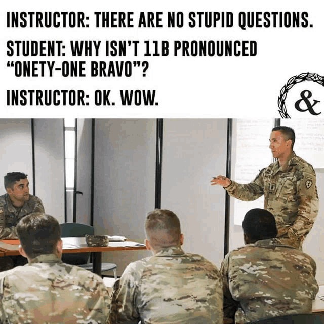 a group of soldiers are sitting around a table with a man giving a presentation