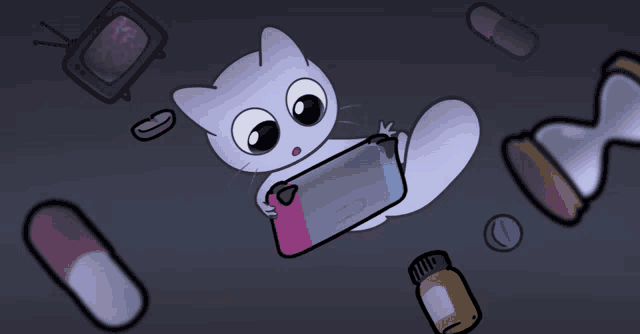 a cartoon cat is holding a nintendo switch surrounded by pills