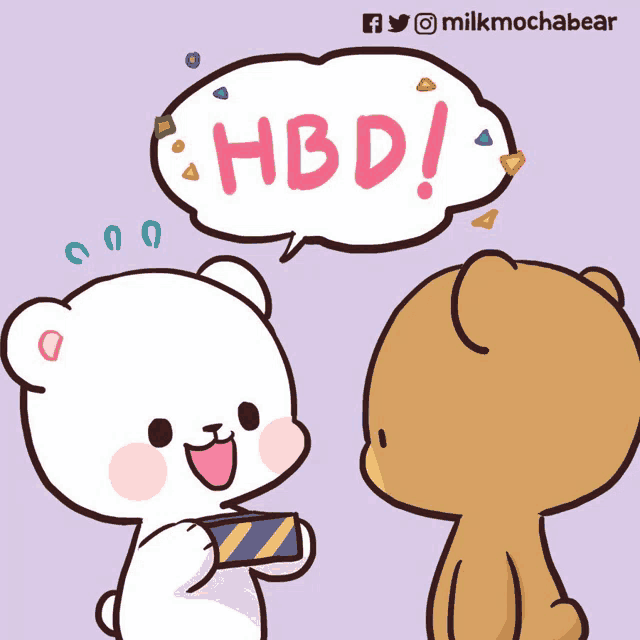 a cartoon of two teddy bears with a speech bubble saying hbd