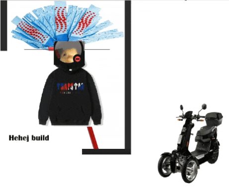 a picture of a person wearing a trapstar hoodie and a helmet next to a scooter