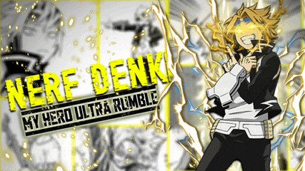 nerf denki my hero ultra rumble is written in yellow letters