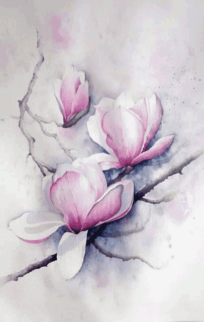 a painting of pink and white flowers on a white background