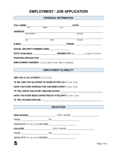 an employment / job application with a personal information section on page 1