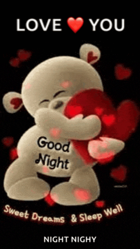 a teddy bear is hugging a heart and saying `` love you good night sweet dreams & sleep well '' .