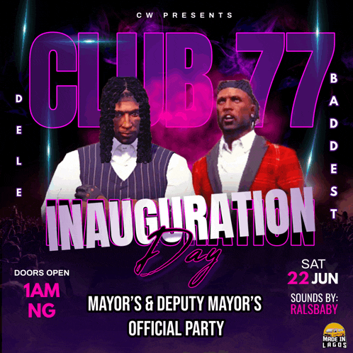 a poster for the inauguration of club 77 on june 22nd