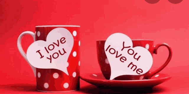 two cups with hearts on them that say i love you and i love me