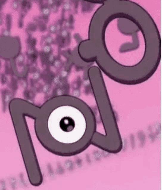 a close up of a cartoon character on a pink background with a large eye .