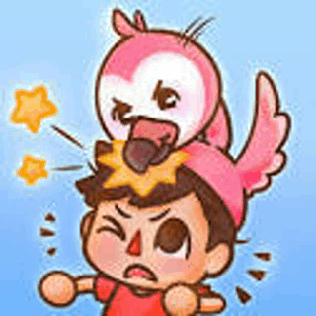 a cartoon boy with a flamingo on his head is being punched by a flamingo .