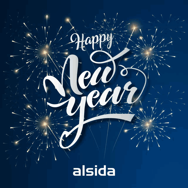 a blue background with fireworks and the words happy new year alsida