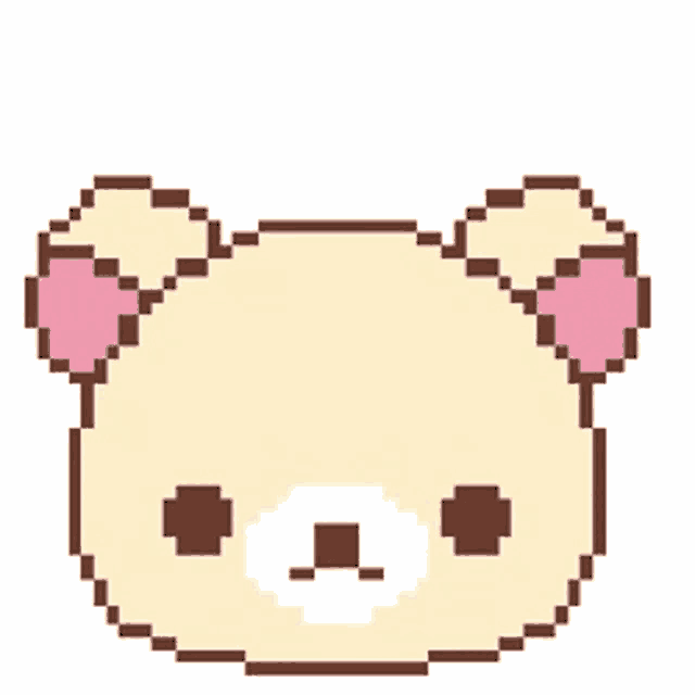 a pixel art drawing of a teddy bear 's face with pink ears .